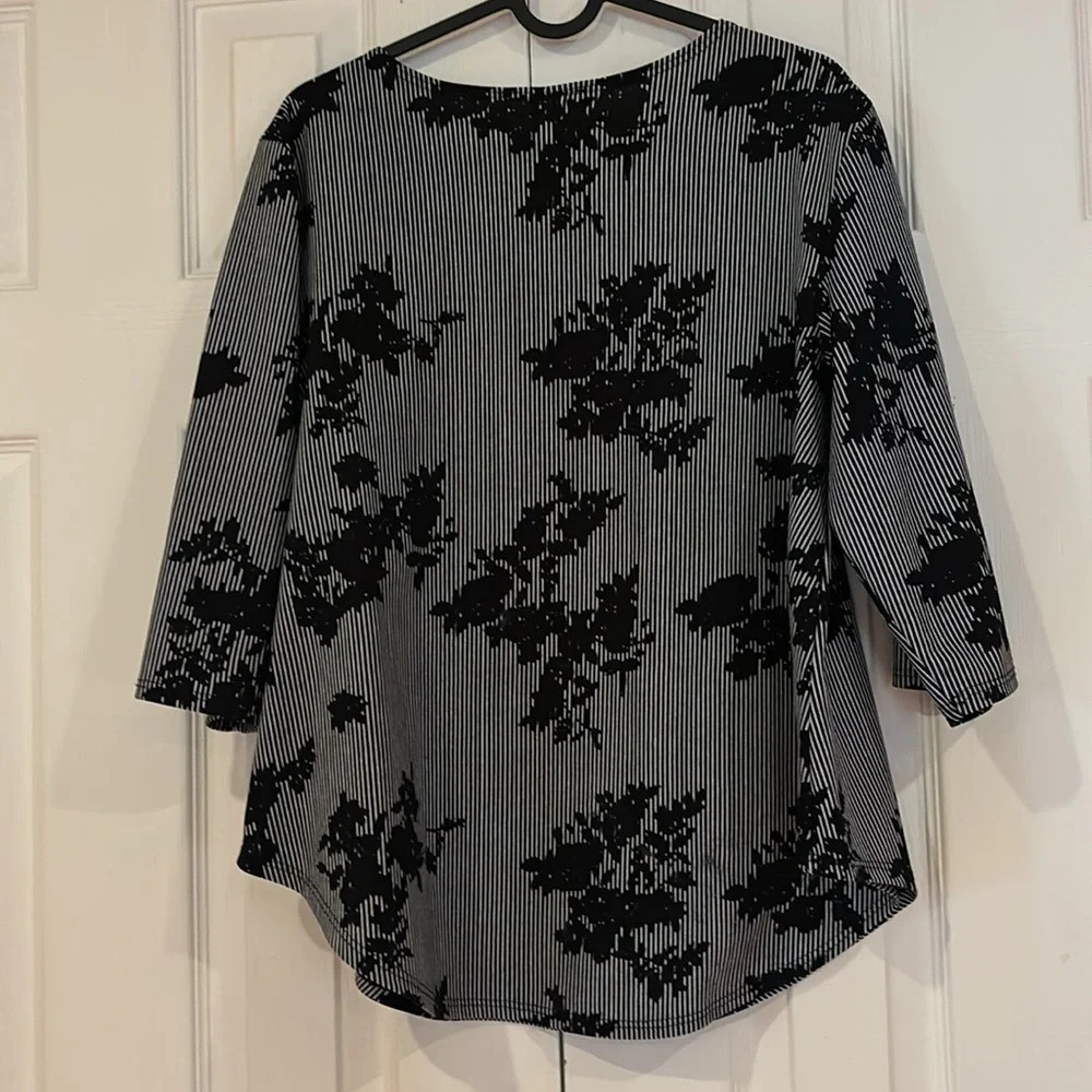 Vintage style black grey floral pattern 3/4 sleeves Blouse Sz L - Picture 7 of 13